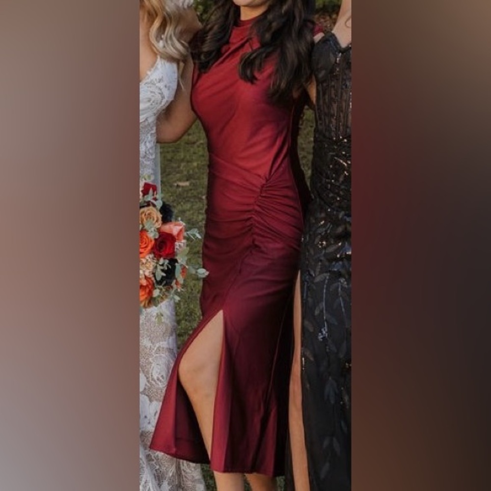 Burgundy Satin Midi Wedding Guest Dress - Picture 8 of 8